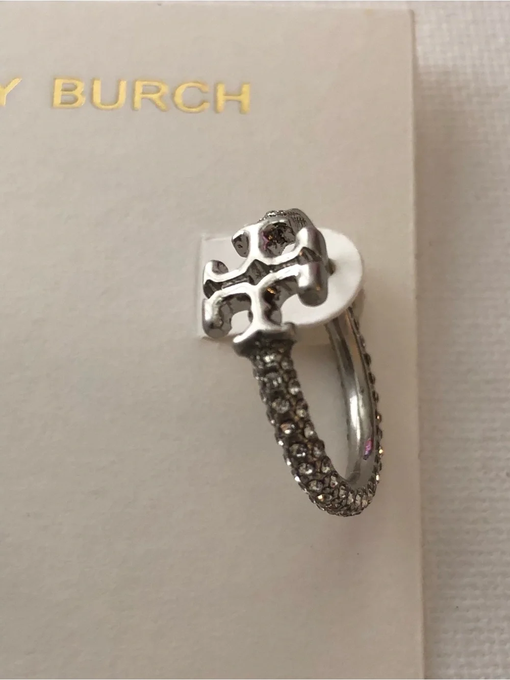 Tory Burch Silver Logo Crystal Huggie Earrings